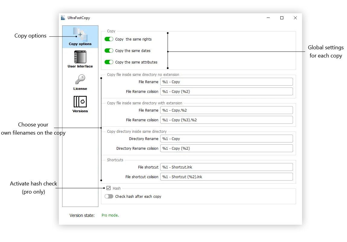 Ultra Fast Copy - Copy options